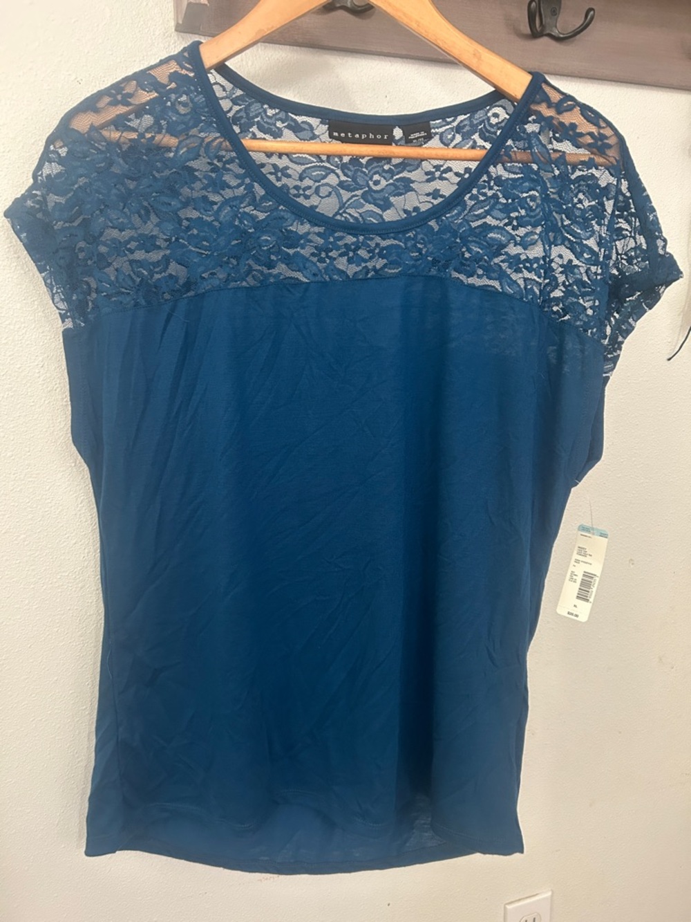 Metaphor Teal-Blue Lace Yoke Short Sleeve Blouse size XL